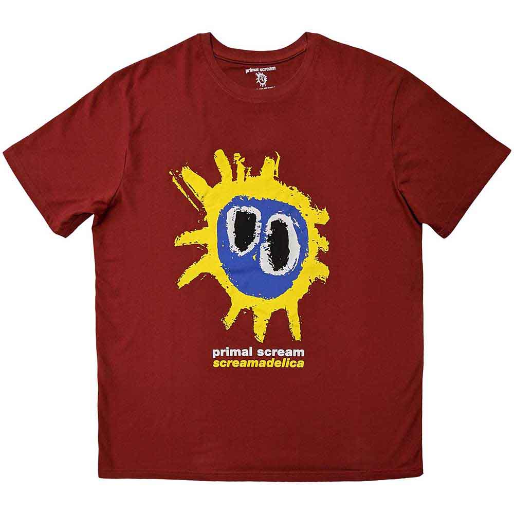 Black t-shirt with yellow and blue “Screamadelica” album cover graphic.