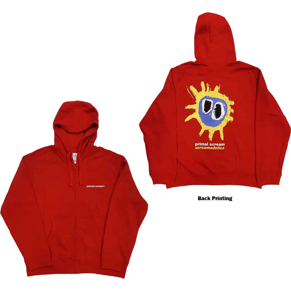 Red zip-up hoodie with “Screamadelica” album art on the back.