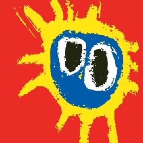 Red background with a yellow and blue abstract face design.