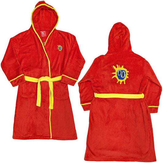 Man wearing a red and yellow hooded bathrobe with logo detail.