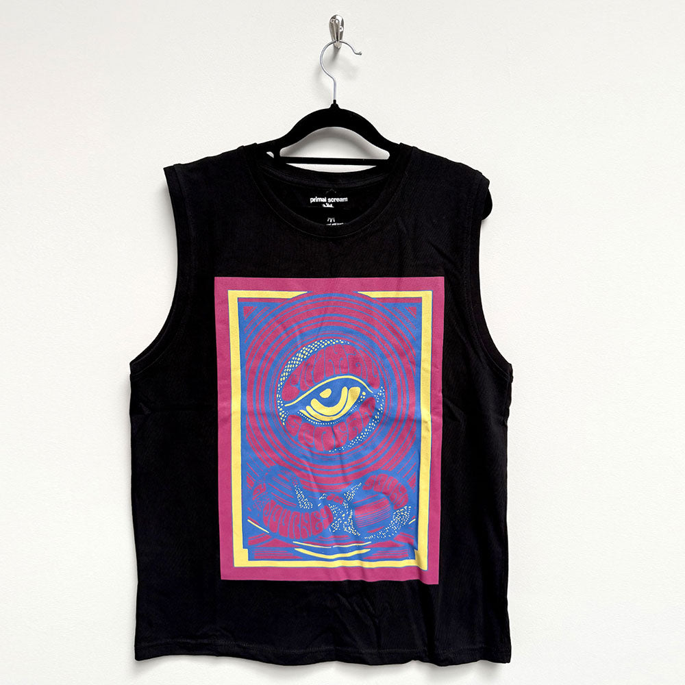 Black unisex tank top featuring a large, colorful psychedelic eye graphic on the front.