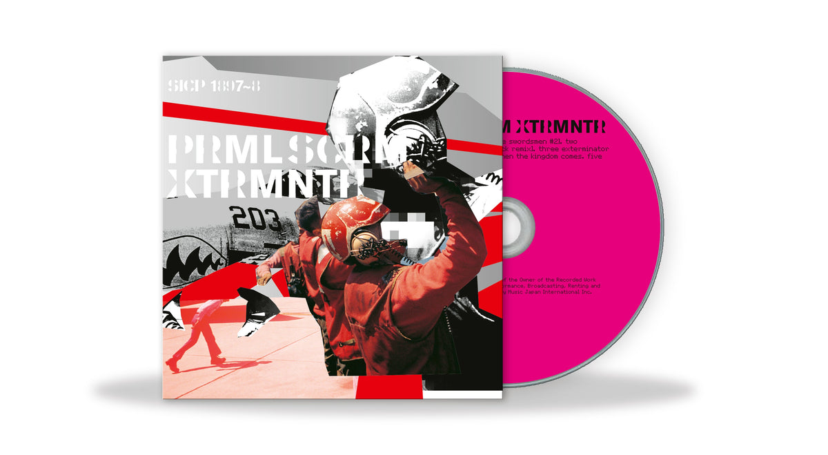 Primal Scream Xtrmntr CD cover featuring a red-clad pilot and a bright pink disc.