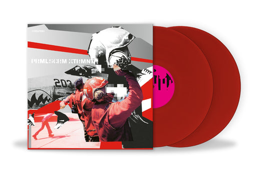 Primal Scream Xtrmntr record sleeve and two red vinyl discs on a white background.