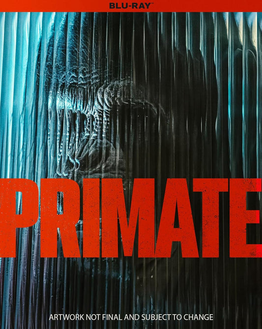 Close-up of a primate face behind vertical glass with large red text reading PRIMATE.