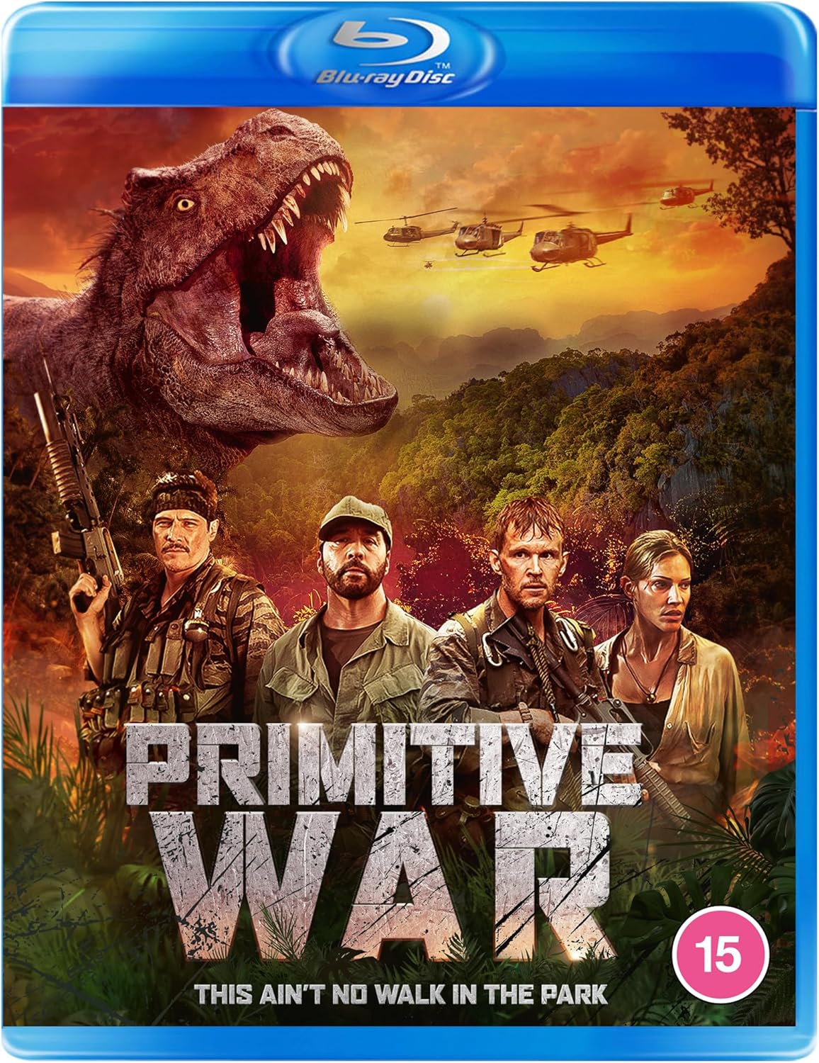 Blu-ray cover art featuring a T-Rex, soldiers, and helicopters over a jungle landscape.