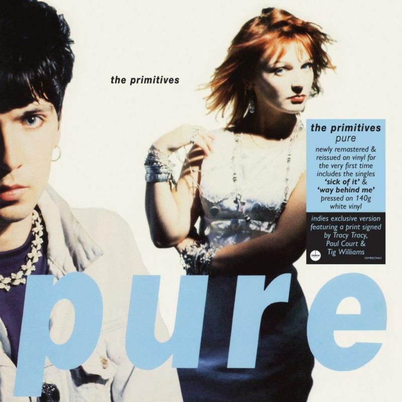 Album cover for The Primitives’ “Pure” with band members and bold text.