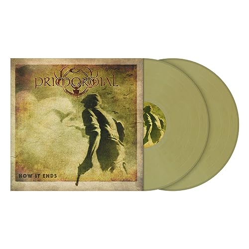 Primordial "How It Ends" vinyl record, olive green, with cover art.