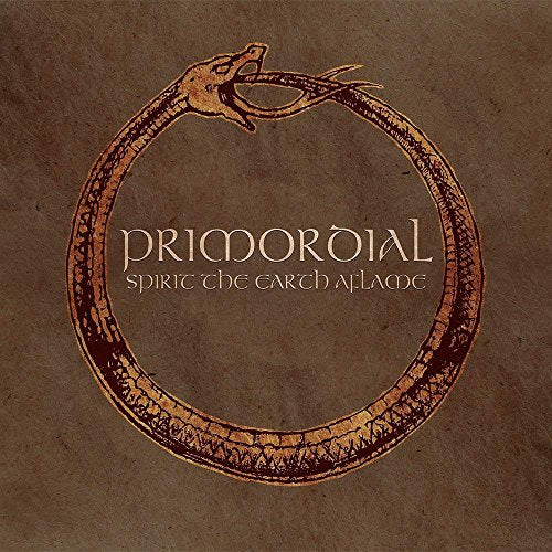 Album cover with a snake forming a circle, text "Primordial" and "Spirit the Earth Aflame".