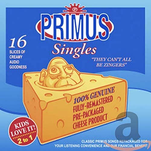 Primus album cover: cheese wedge with a face, blue background.