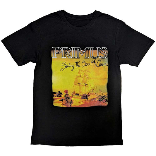 Large black t-shirt with Primus band artwork depicting cheese and sailing imagery.
