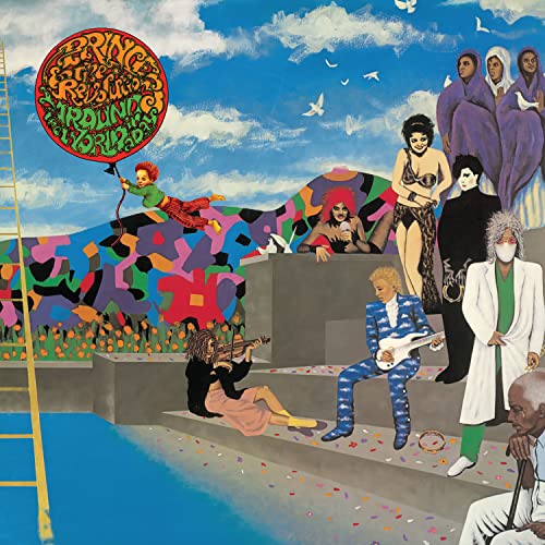 Prince’s “1999” album cover: colorful, surreal scene with figures and a balloon.