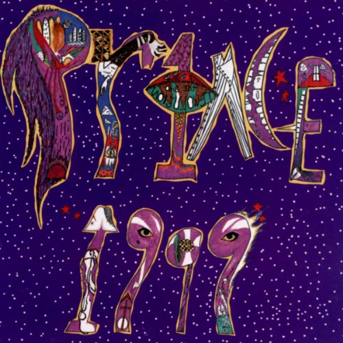 Prince’s “1999” album cover: colorful, abstract figures on a purple starry background.