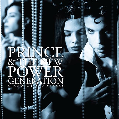 Prince and two figures behind beaded curtains, album cover art.