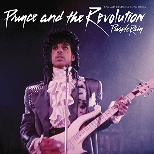Prince playing a white guitar on the "Purple Rain" vinyl cover.