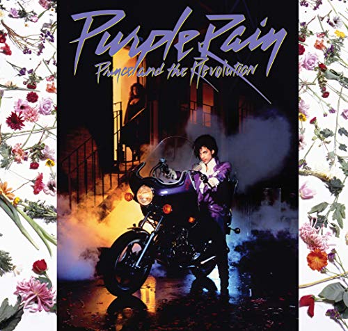 Prince on a motorcycle, with floral borders and a purple haze.