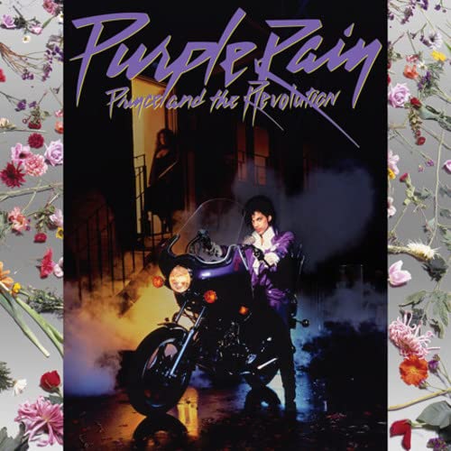 Purple Rain album cover featuring Prince with a motorcycle and flowers.