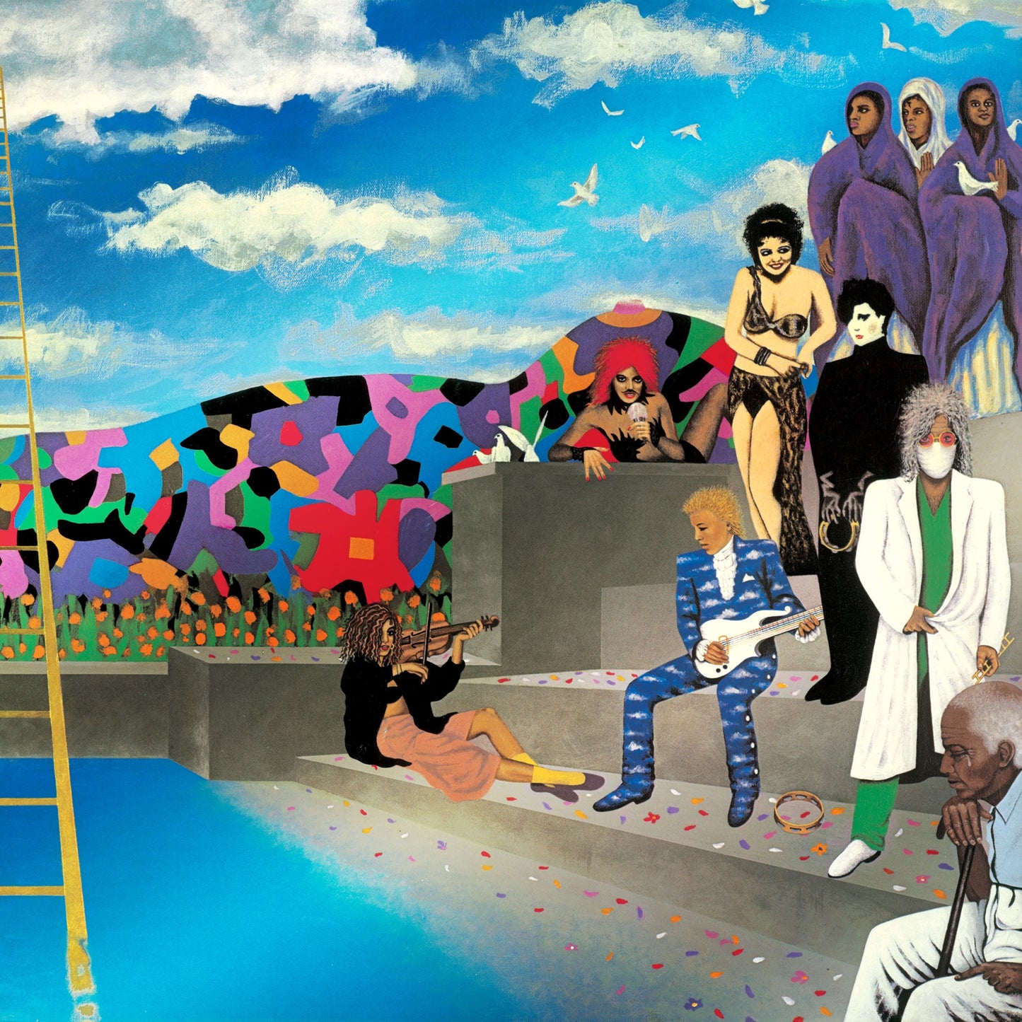 Album cover for Prince’s “Around The World In A Day” featuring figures and landscape.