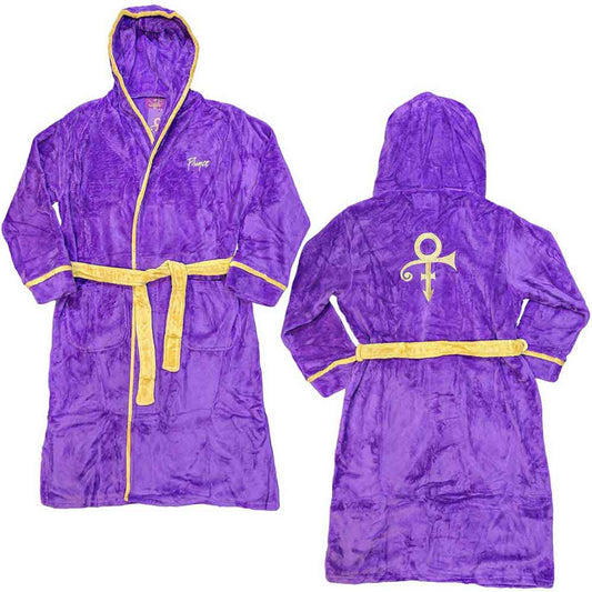 Purple unisex bathrobe with gold trim and Prince’s symbol on the back.