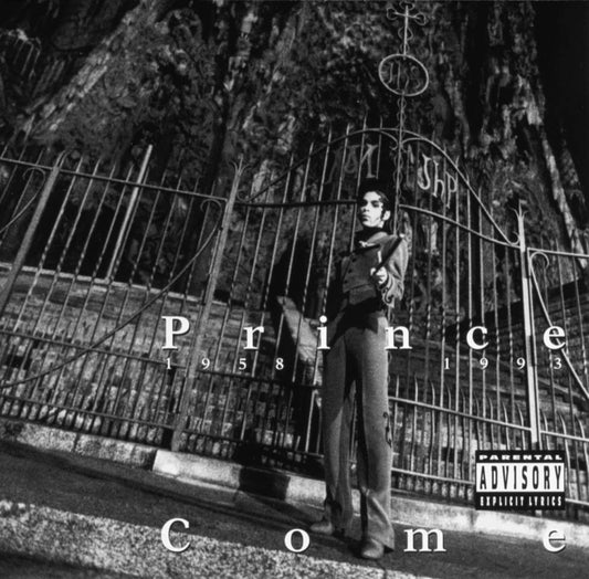 Black and white album cover for Prince’s “Come” featuring a wrought iron gate.