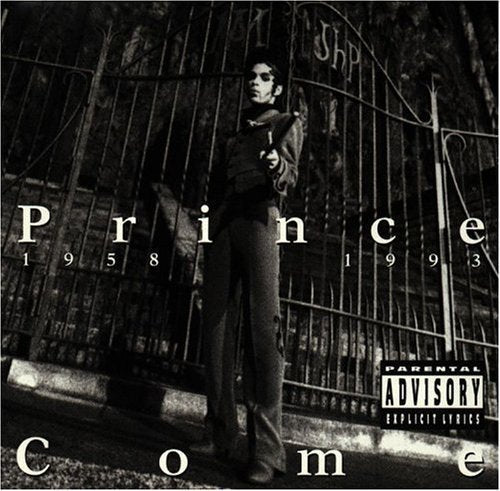 Black and white album cover for Prince’s “Come” featuring Prince by a gate.