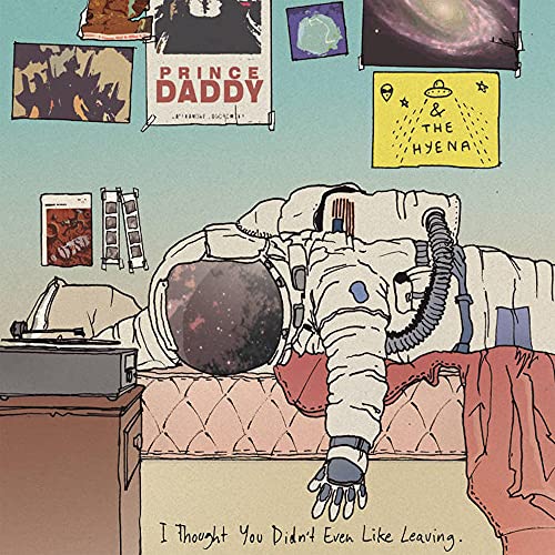 An astronaut lies on a bed in a room with posters on the wall.