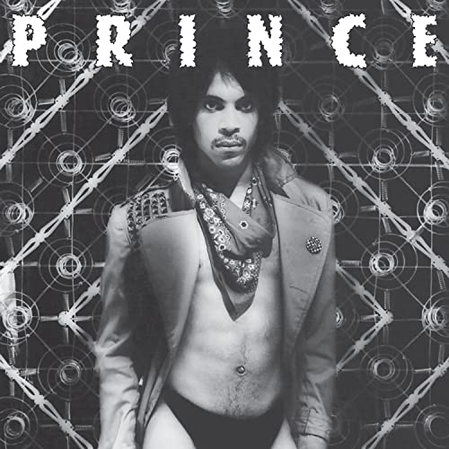 Black and white portrait of Prince on the "Dirty Mind" album cover.