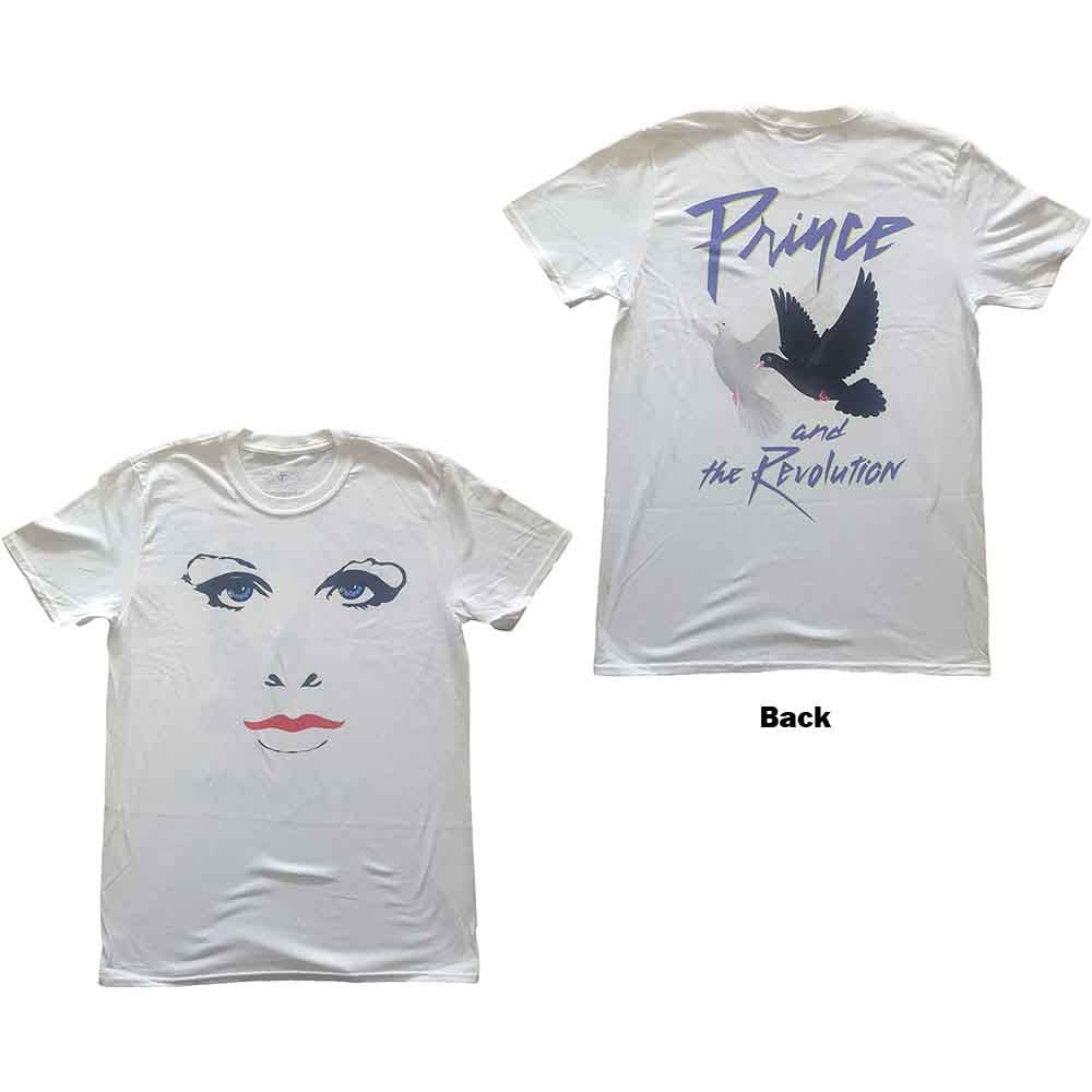 White t-shirt featuring a stylized graphic of Prince's face with blue eyes and red lips.