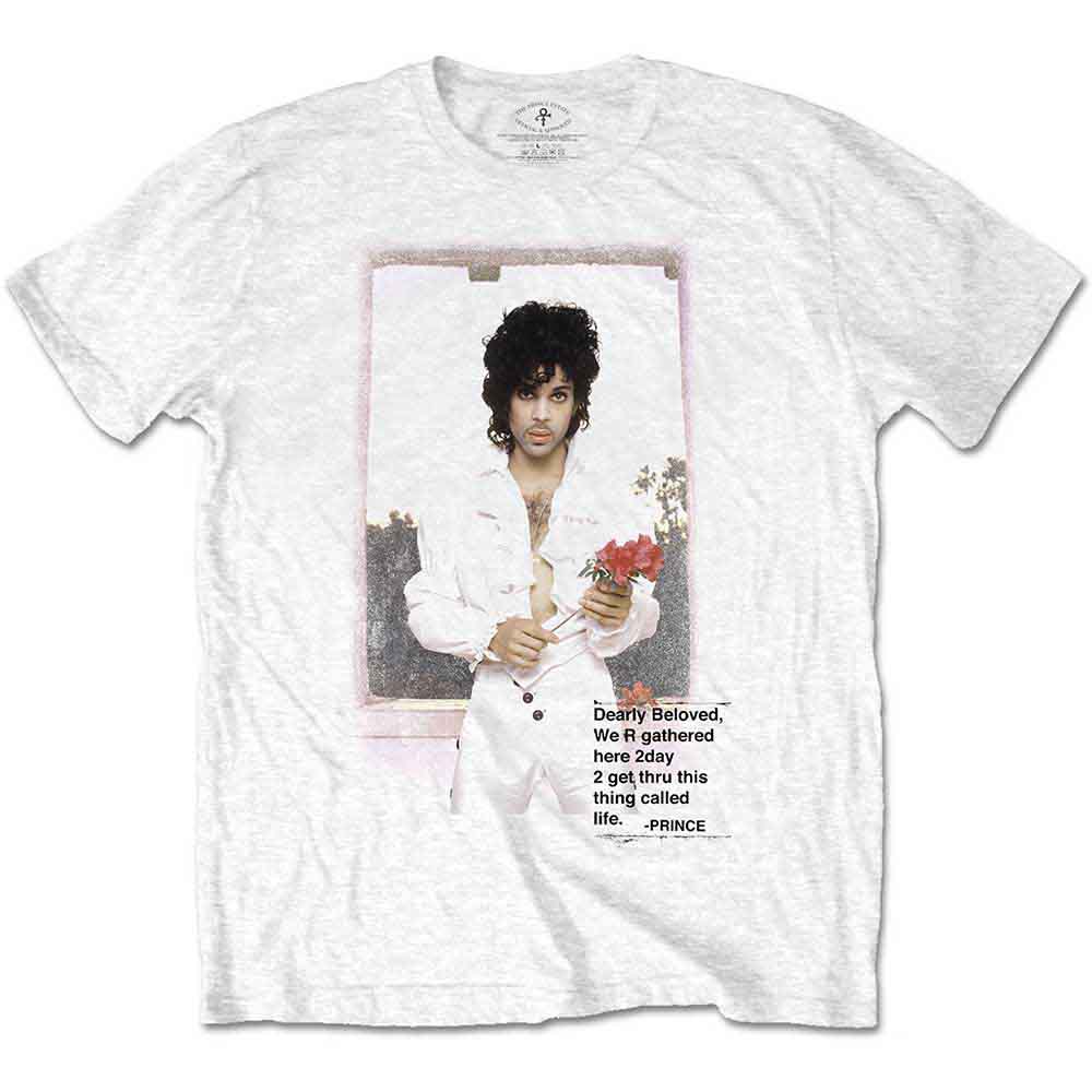 White t-shirt with a portrait of Prince holding flowers and text.
