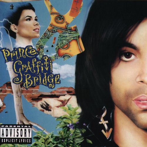 Prince “Graffiti Bridge” album cover with portraits and colorful graffiti art.