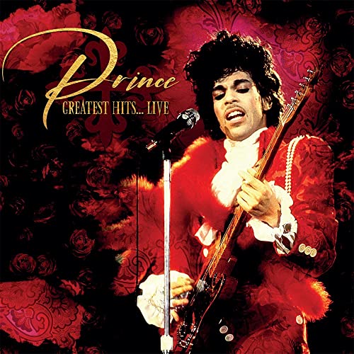 Prince performing live with a guitar, album cover with floral background.