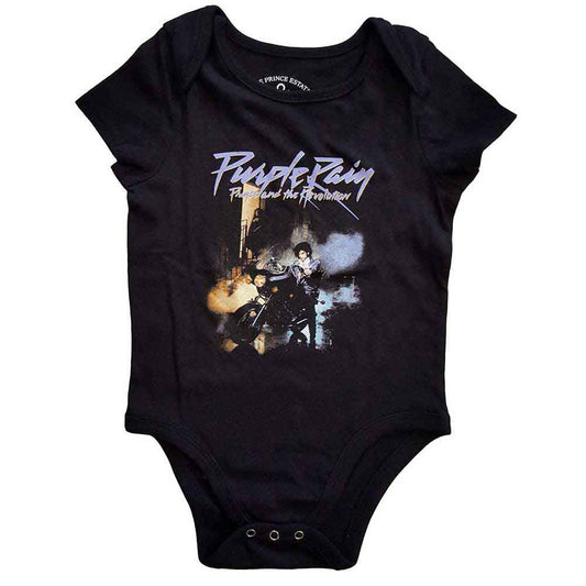 Black baby grow with "Purple Rain" album cover graphic.