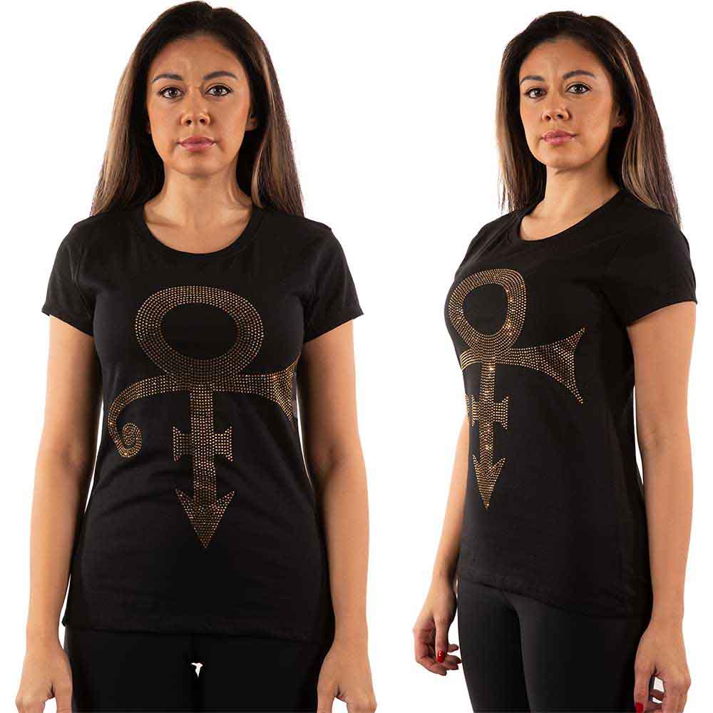 Medium fit ladies' t-shirt with a gold, sparkly Prince symbol design.