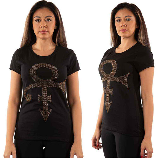 Medium fit ladies' t-shirt with a gold, sparkly Prince symbol design.