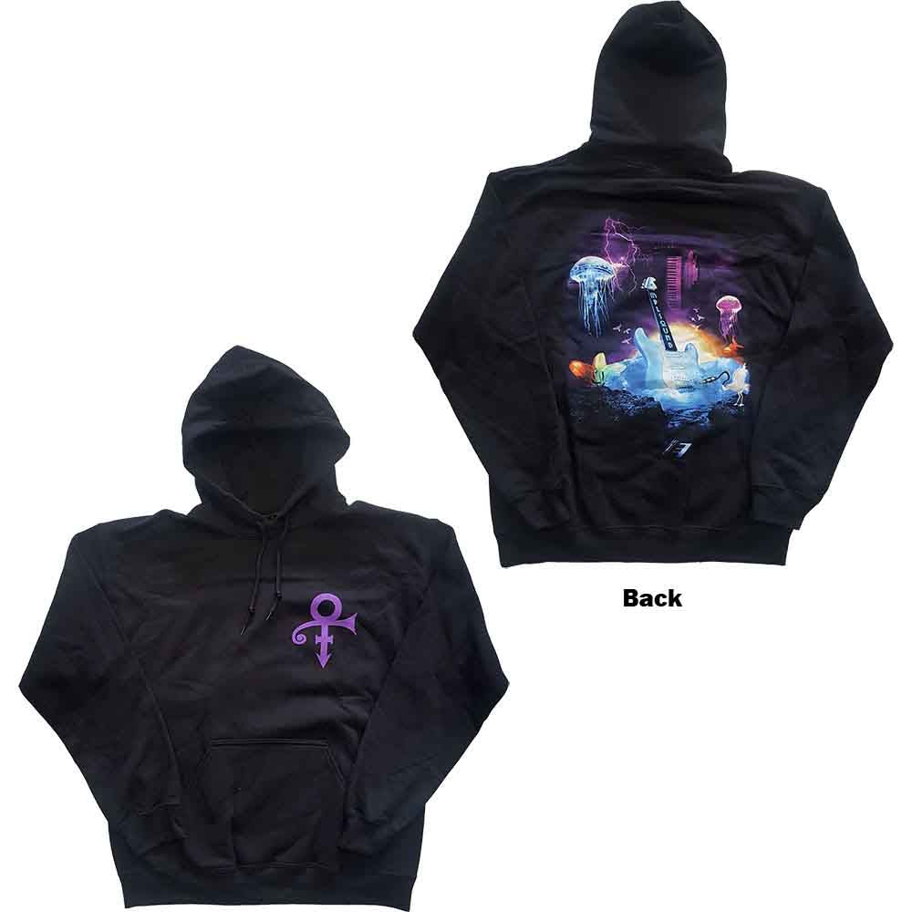 Black hoodie with purple Prince logo and lotus flower symbol.
