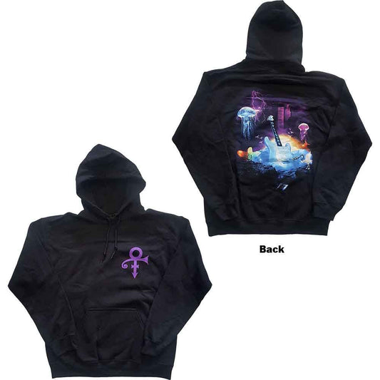 Black hoodie with purple Prince logo and lotus flower symbol.