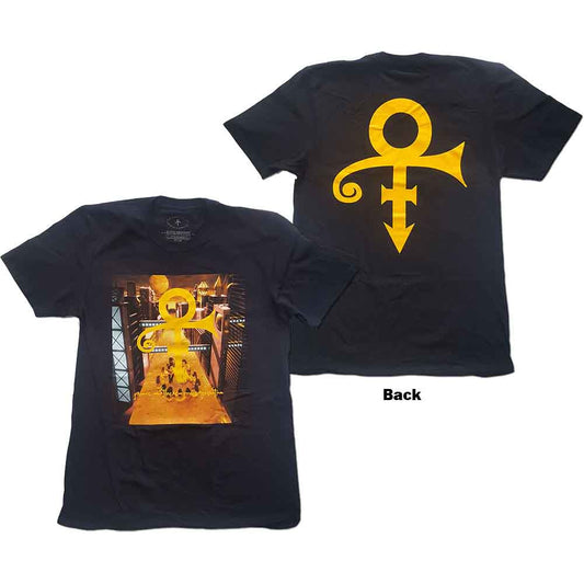 Black t-shirt featuring a yellow Prince Love Symbol logo over a city street scene.