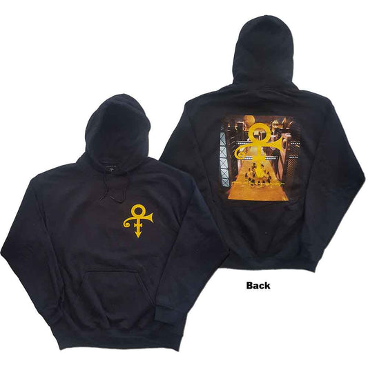 Black hooded sweatshirt with a gold Prince Love Symbol logo on the chest.