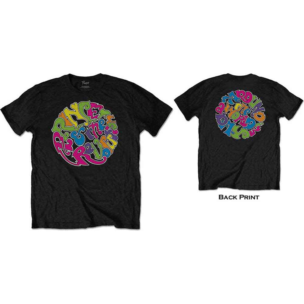 Black t-shirt with colorful circular “Prince & The Revolution” text design.