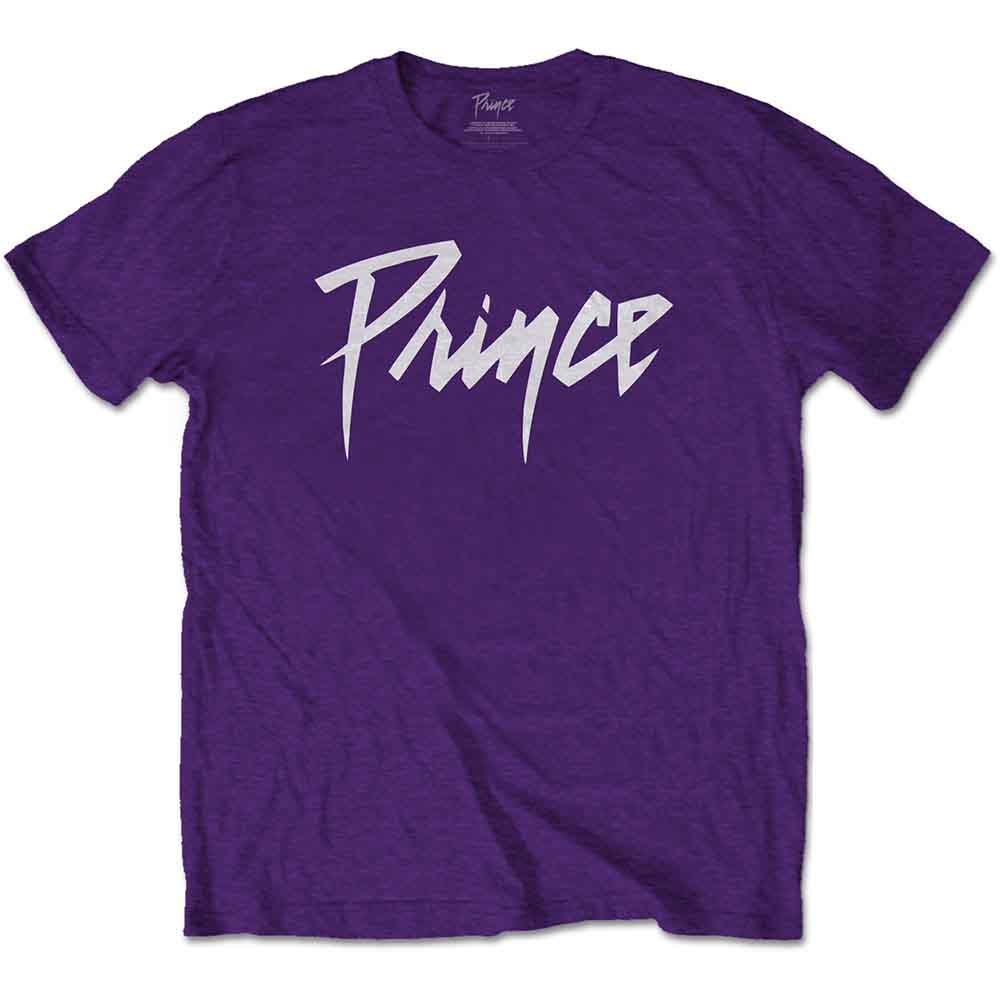 White t-shirt with a purple, handwritten-style "Prince" logo on the chest.