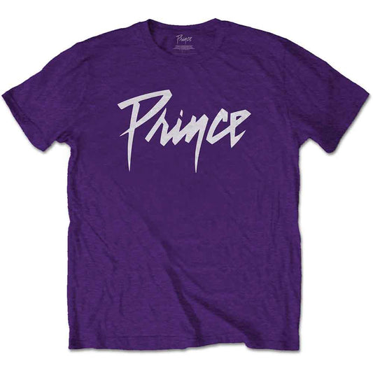 White t-shirt with a purple, handwritten-style "Prince" logo on the chest.