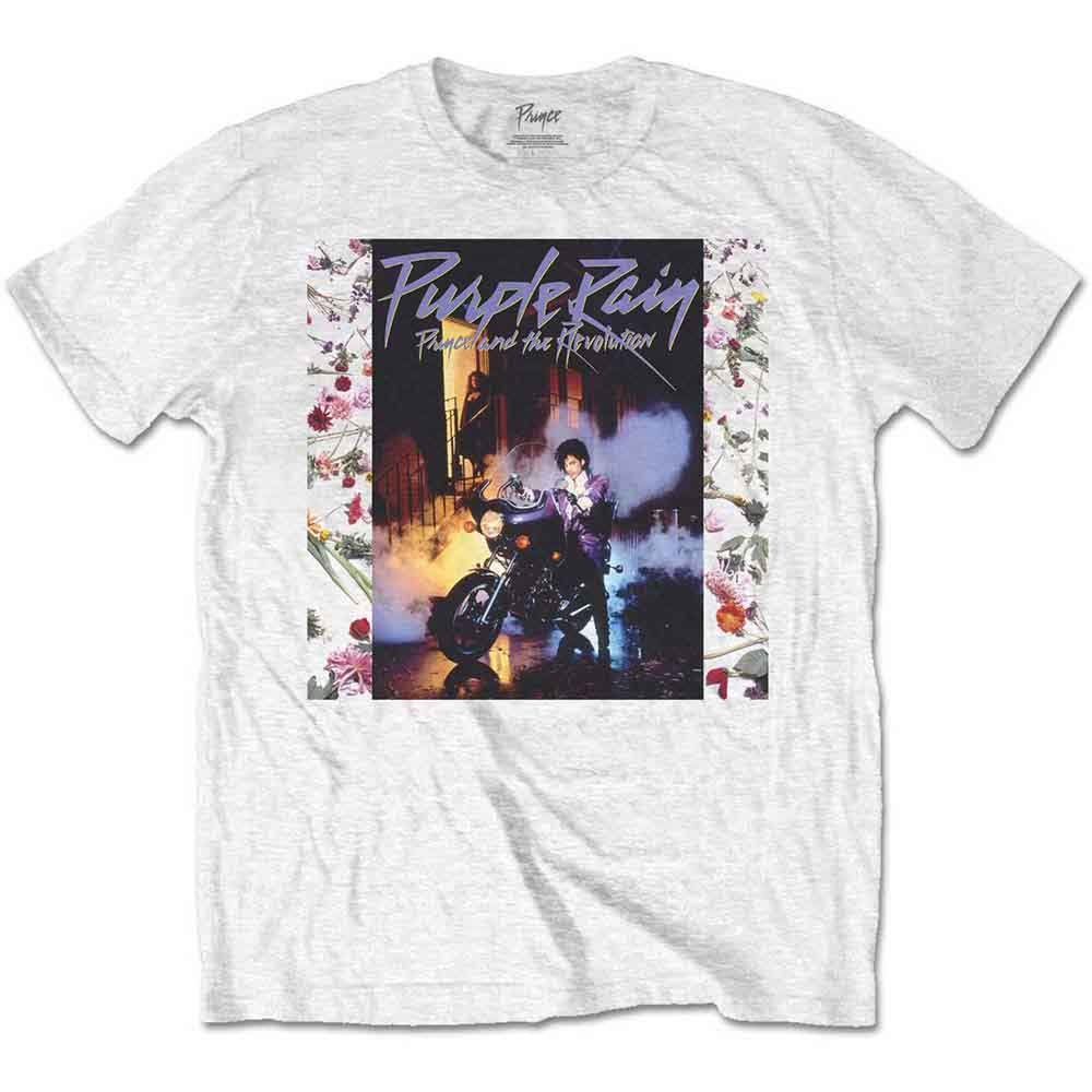 White t-shirt featuring the Prince Purple Rain album cover with floral side borders.