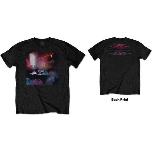 Black t-shirt with a graphic print of Prince lying down.