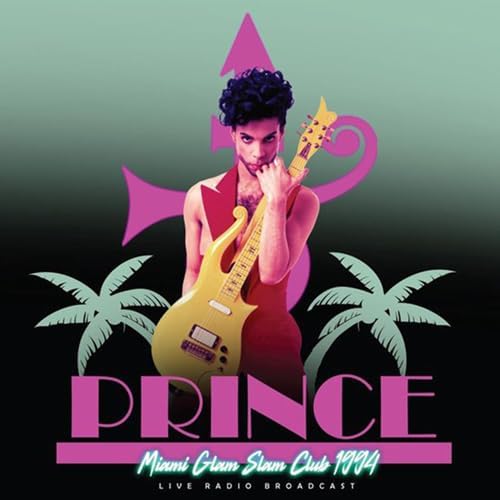 Prince with yellow guitar, pink graphics, and palm trees on album cover.