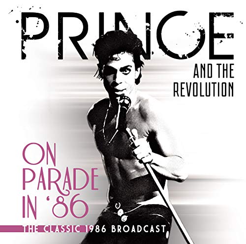 Prince performing with a microphone, album cover for "On Parade in '86.