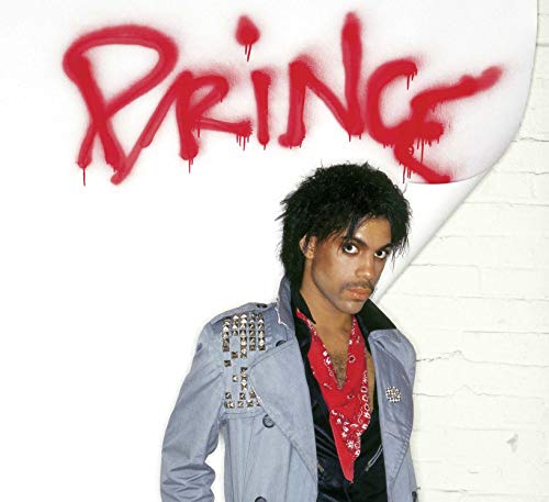 Prince album cover: red spray-painted name, Prince portrait in grey coat.