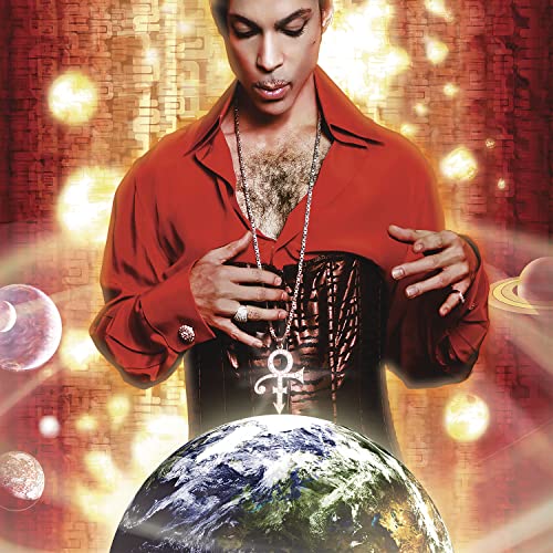 Prince wearing a red shirt and corset with a planet earth graphic background.