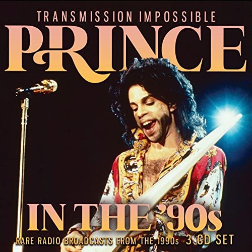 Prince performing with a guitar on the "Transmission Impossible" CD cover.