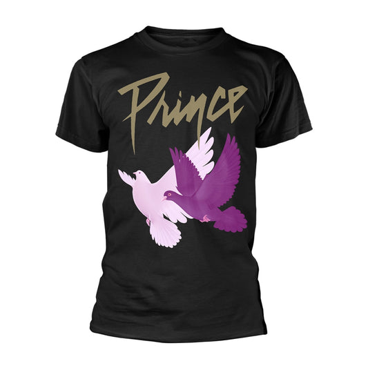 Black Prince t-shirt with purple and white dove logo graphic.
