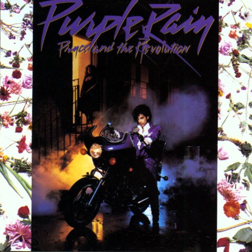 "Album cover of 'Purple Rain' by Prince, featuring a man on a motorcycle."