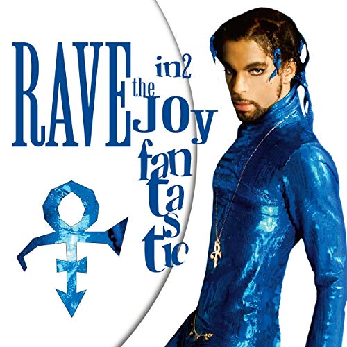 Prince album cover featuring a man in shiny blue attire against a white background.